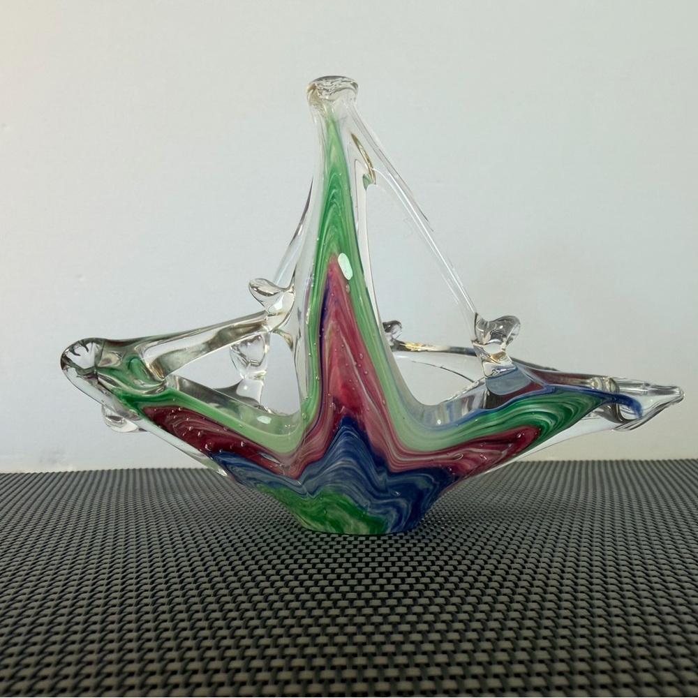 Murano Hand Blown Art Glass Basket Bowl Ribbon Swirl Controlled Bubbles unsigned